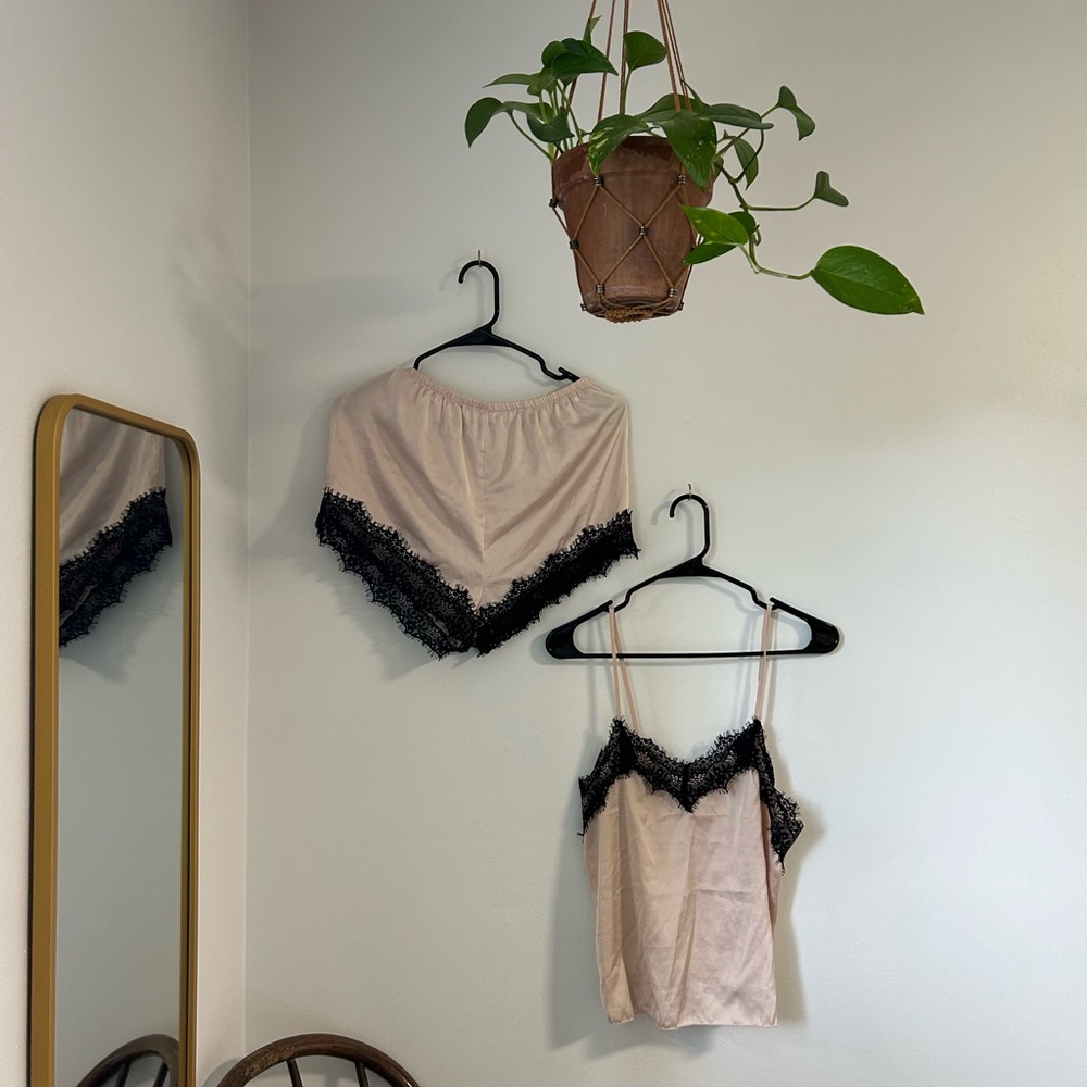Elegant Cream and Black Lace Trim Sleepwear Set
